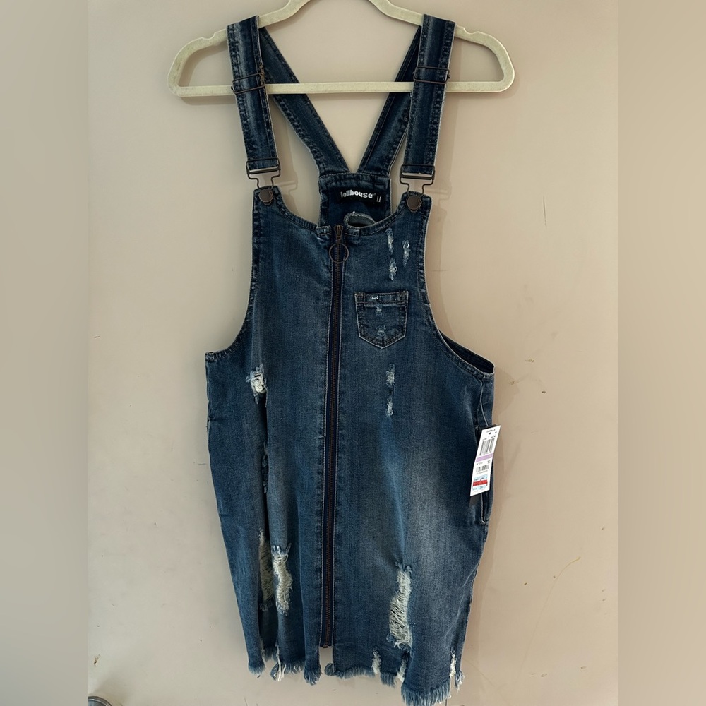 DOLLHOUSE NWT Women’s Blue Denim Overalls Dress Size 11 Distressed Casual Short